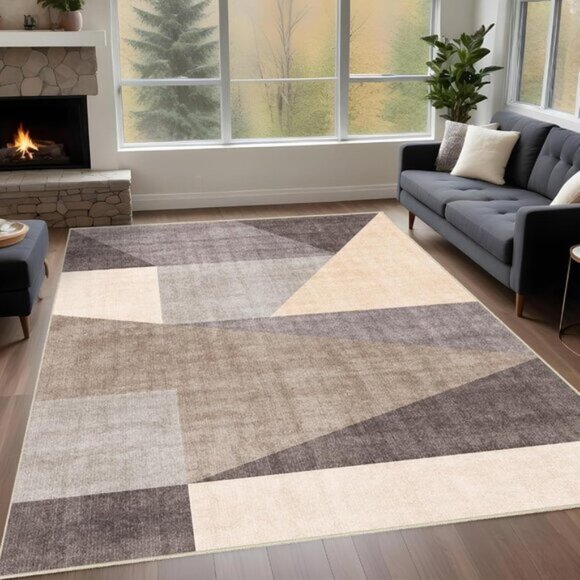 5x7 Brown & Grey Washable Geometric Area Rug, Modern Non-Slip Carpet for Room